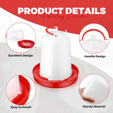 Pickmesh red and white poultry waterer on farm adds color.