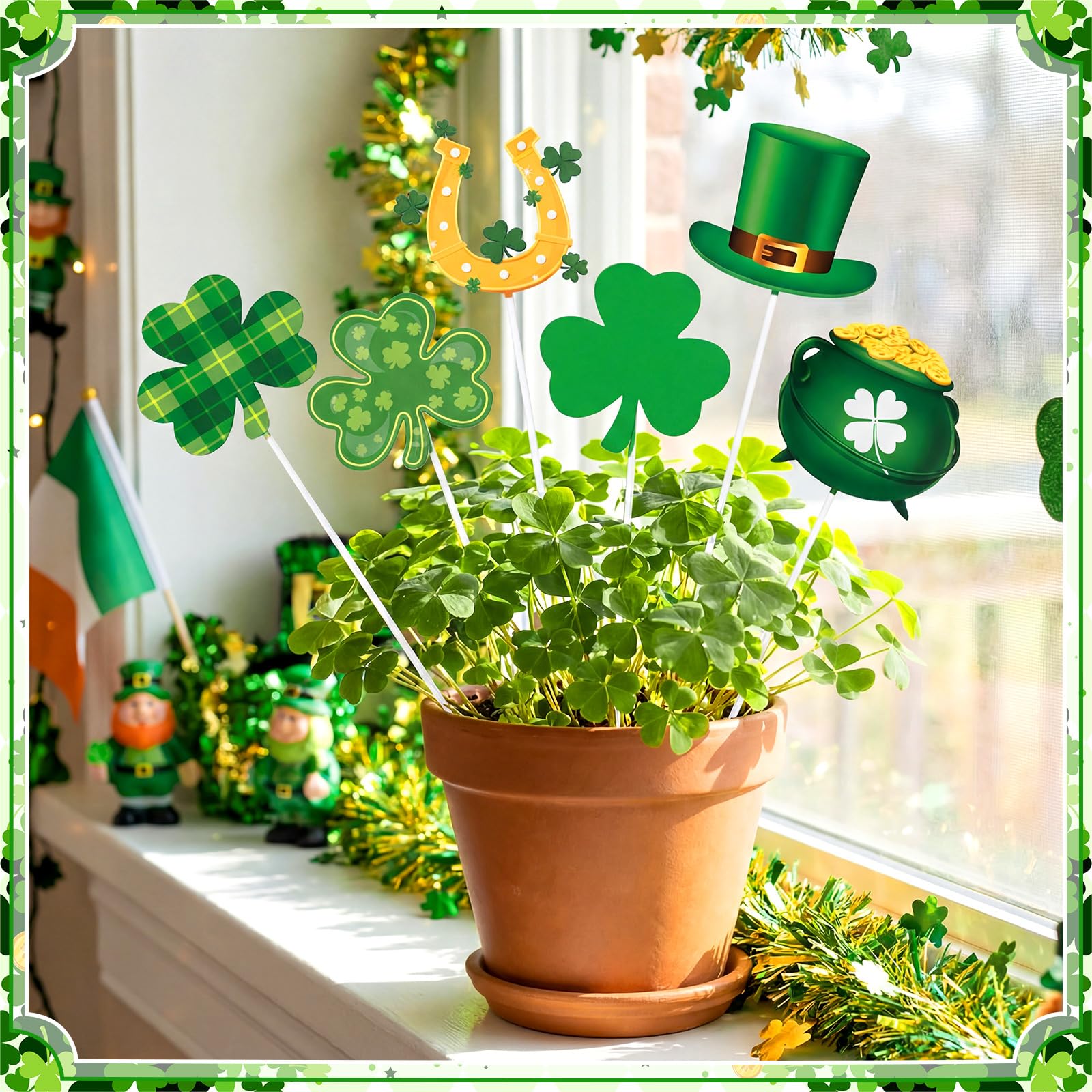 Pickmesh St. Patrick's Day yard stake collection decorates porch and garden.