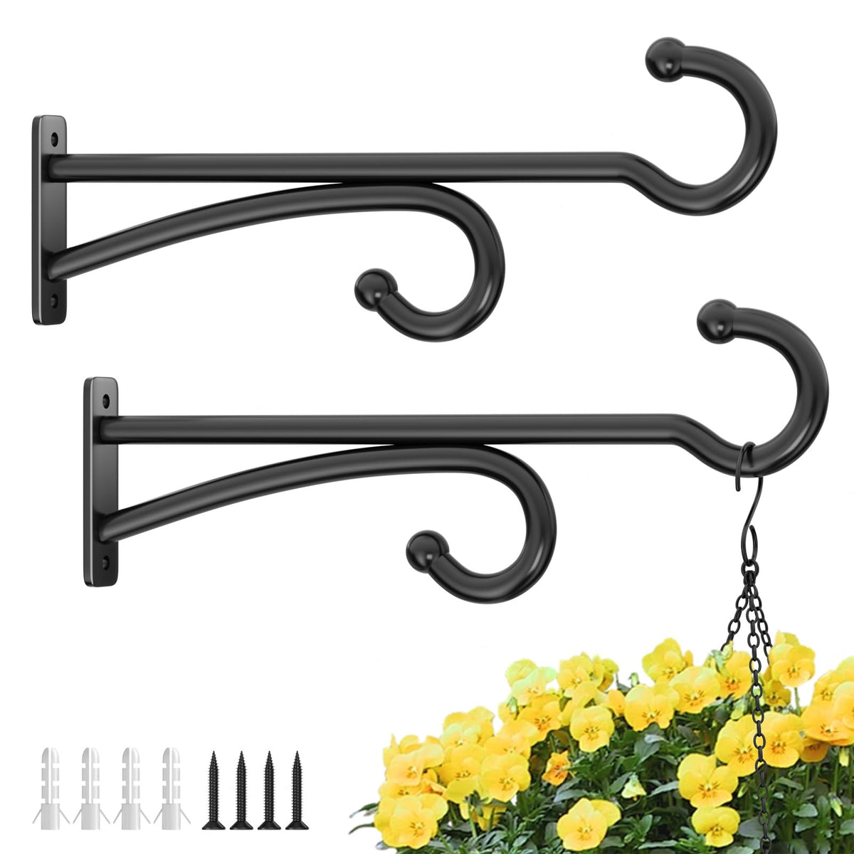 Pickpiff 14-inch plant hook on wall mount securely supports heavy planters.