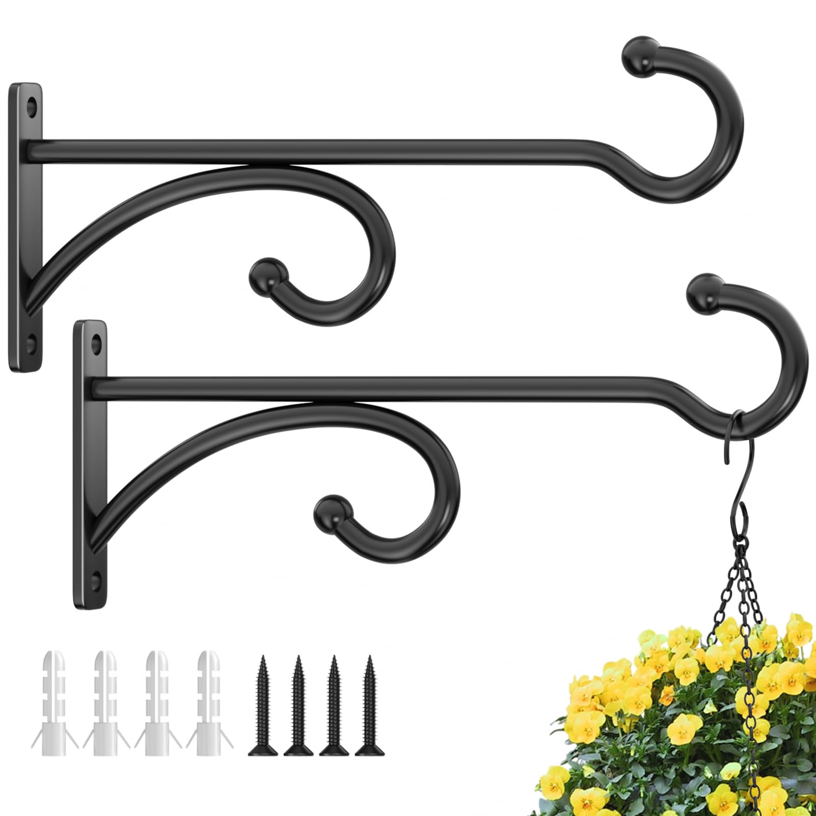 Pickpiff 8-inch planter hook close-up in black metal for heavy planters with durable support.