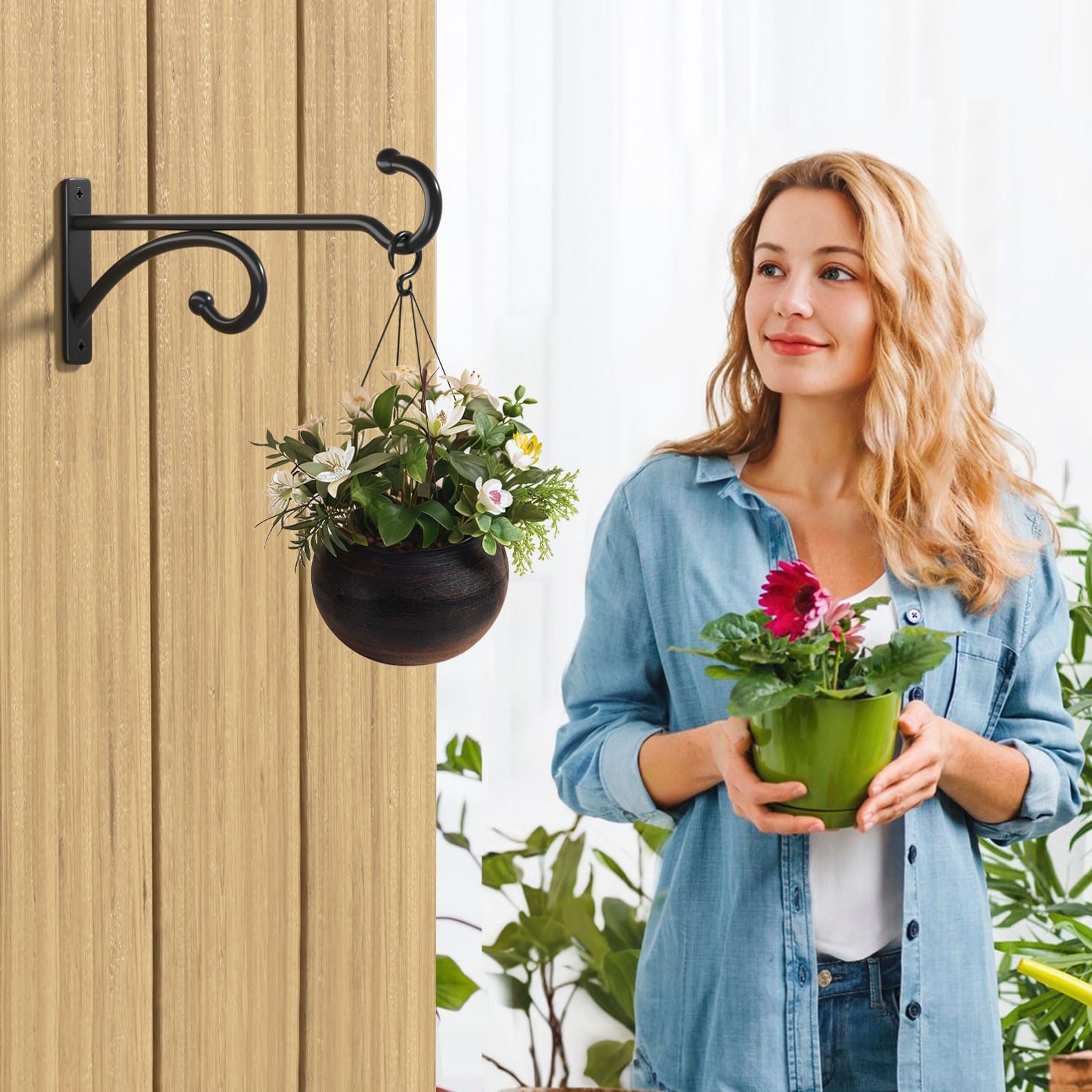 Pickpiff wall-hung hook with hanging basket creating a tidy garden display.