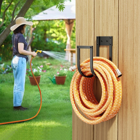 PickPiff metal hose hanger in outdoor setting, durable and rust-resistant.