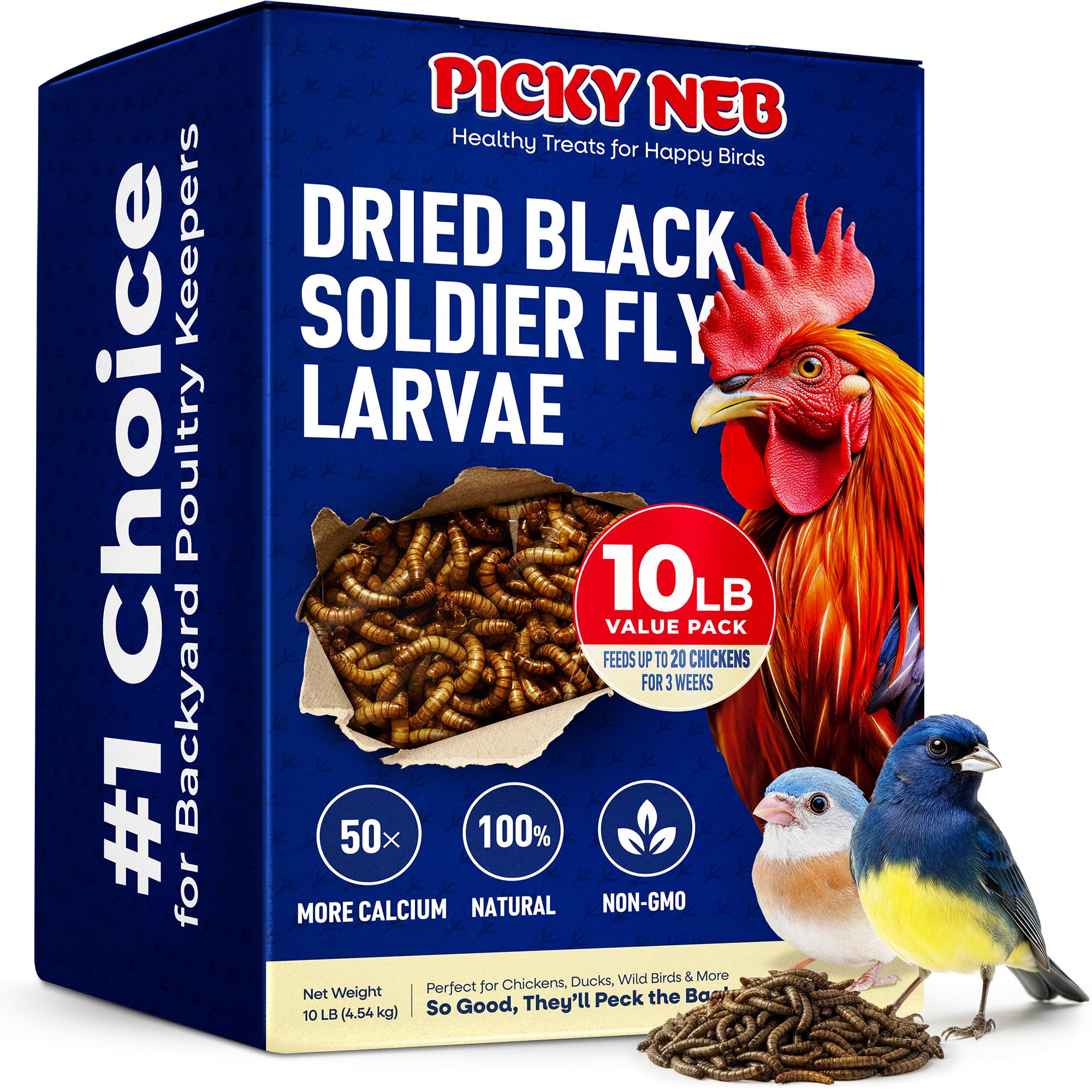 Picky Neb BSFL 10lb bulk bag showing high-protein larvae for chickens.