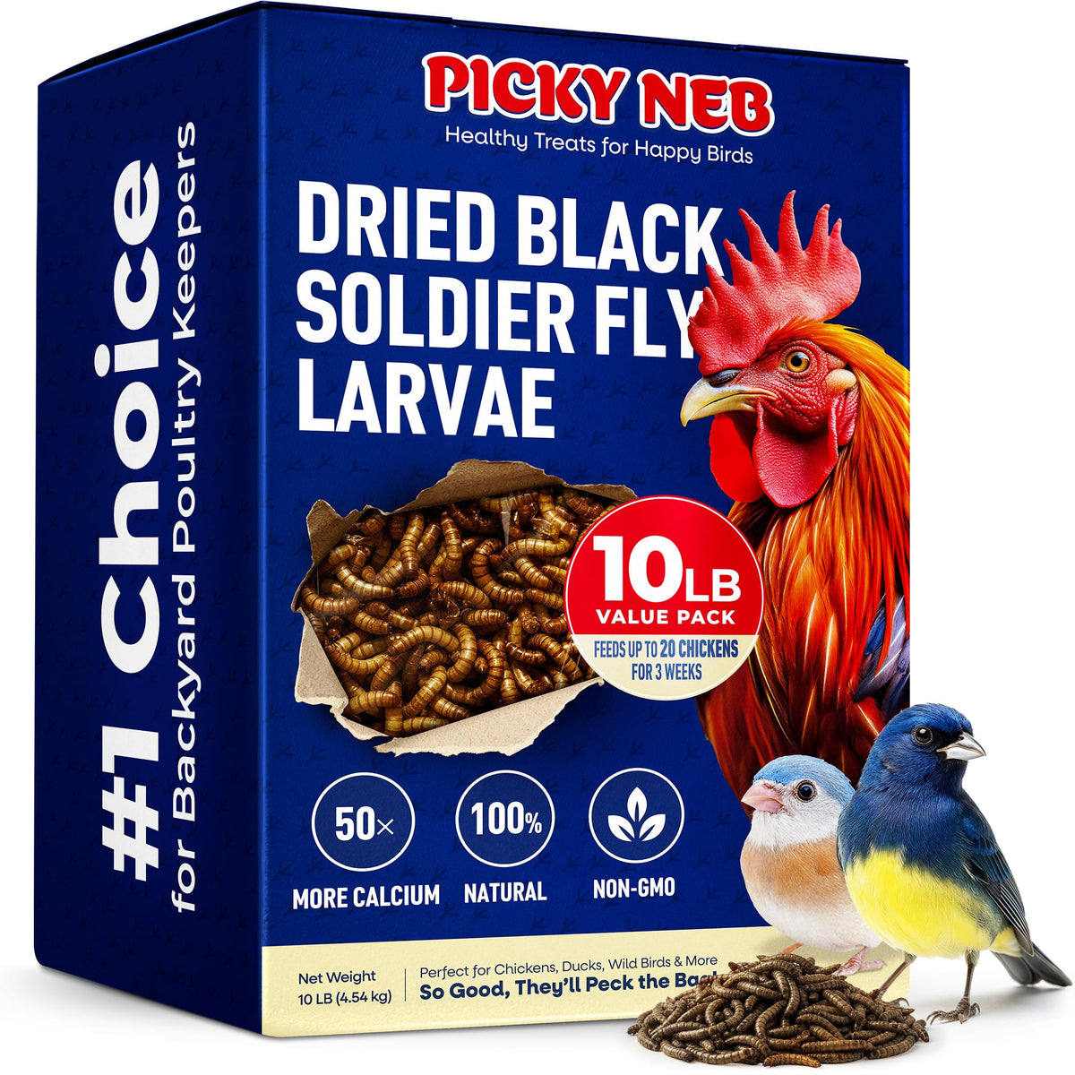 Picky Neb BSFL 10lb bulk bag showing high-protein larvae for chickens.