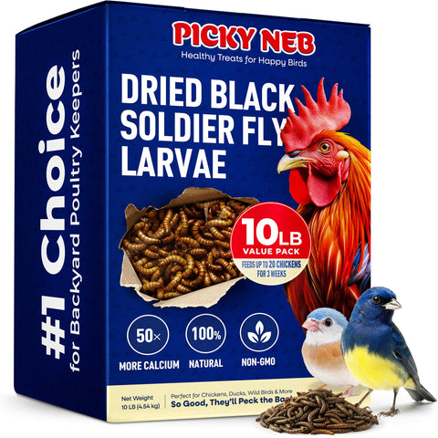Picky Neb BSFL 10lb bulk bag showing high-protein larvae for chickens.