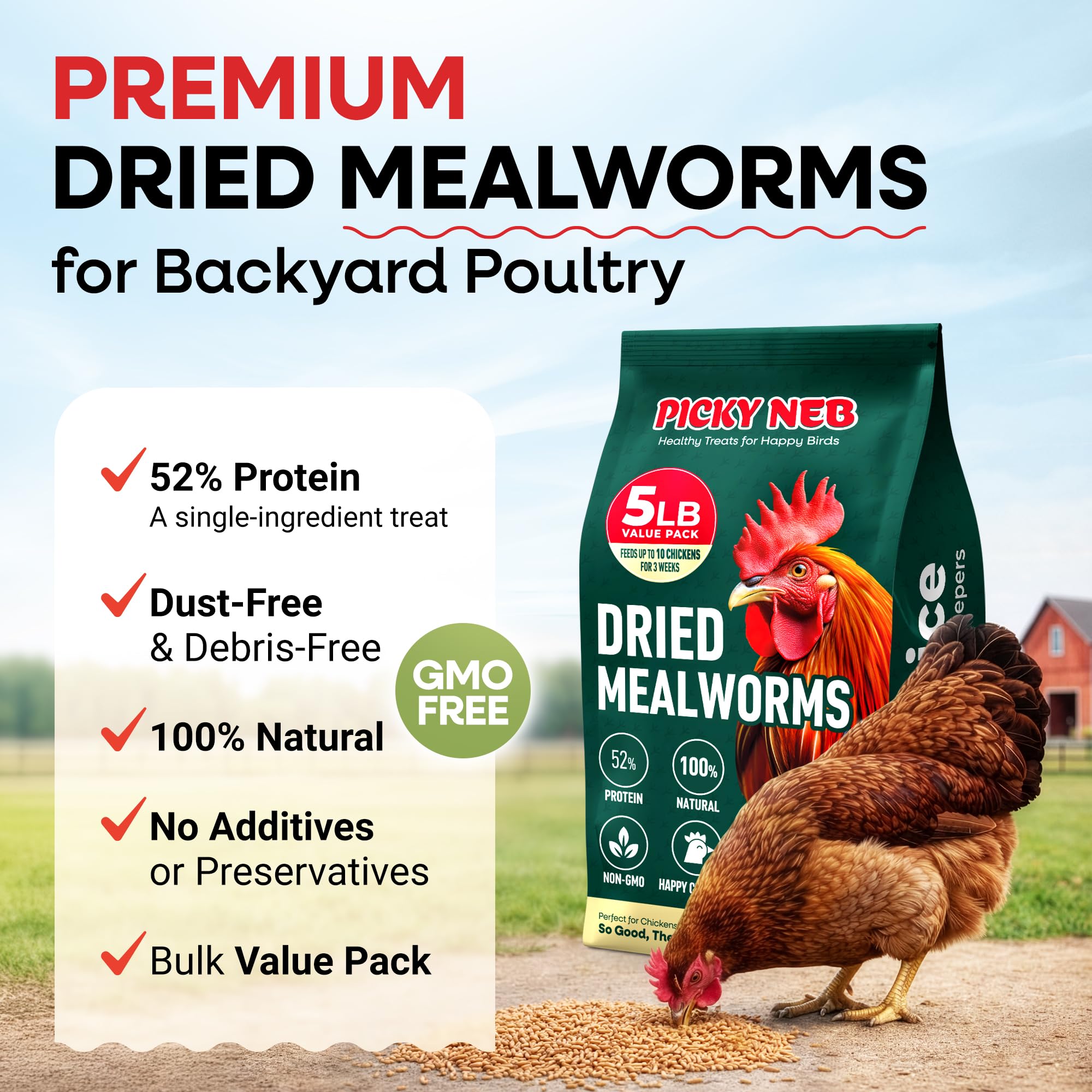 PICKY NEB dried mealworms whole large worms close-up showing natural texture for birds.