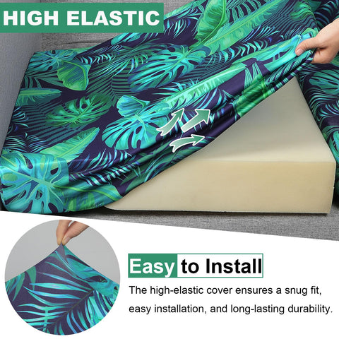 PickyNproud outdoor cushion slipcovers with elastic bottom stay in place.