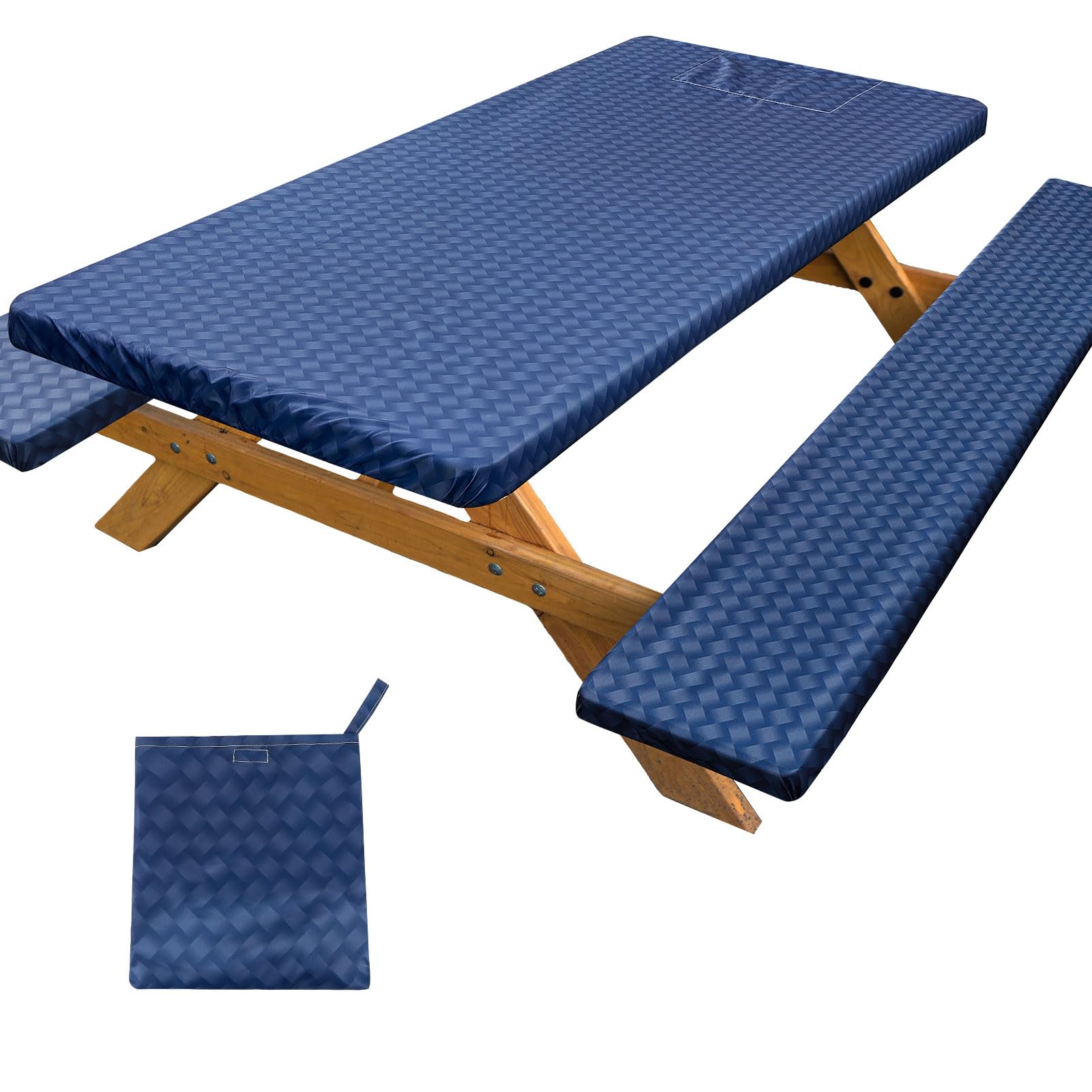 PickyNproud picnic table cover on a 72-inch table with built-in storage pocket for RV camping.