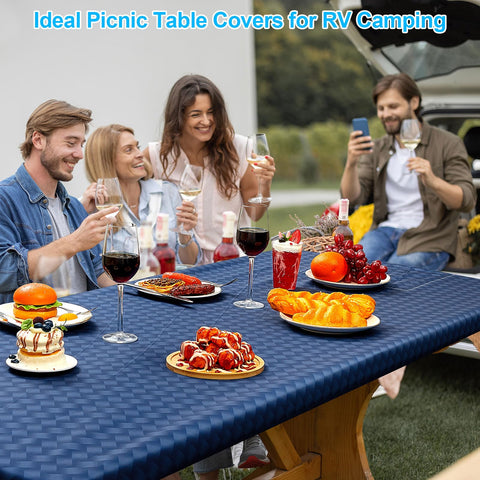 PickyNproud waterproof tablecloth with elastic edges on a camping table.