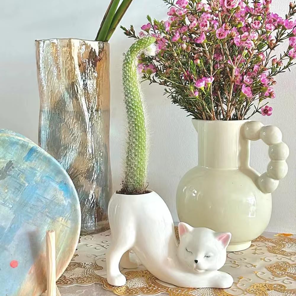 Picvelno ceramic kitten flowerpot for desk decor with small plants.