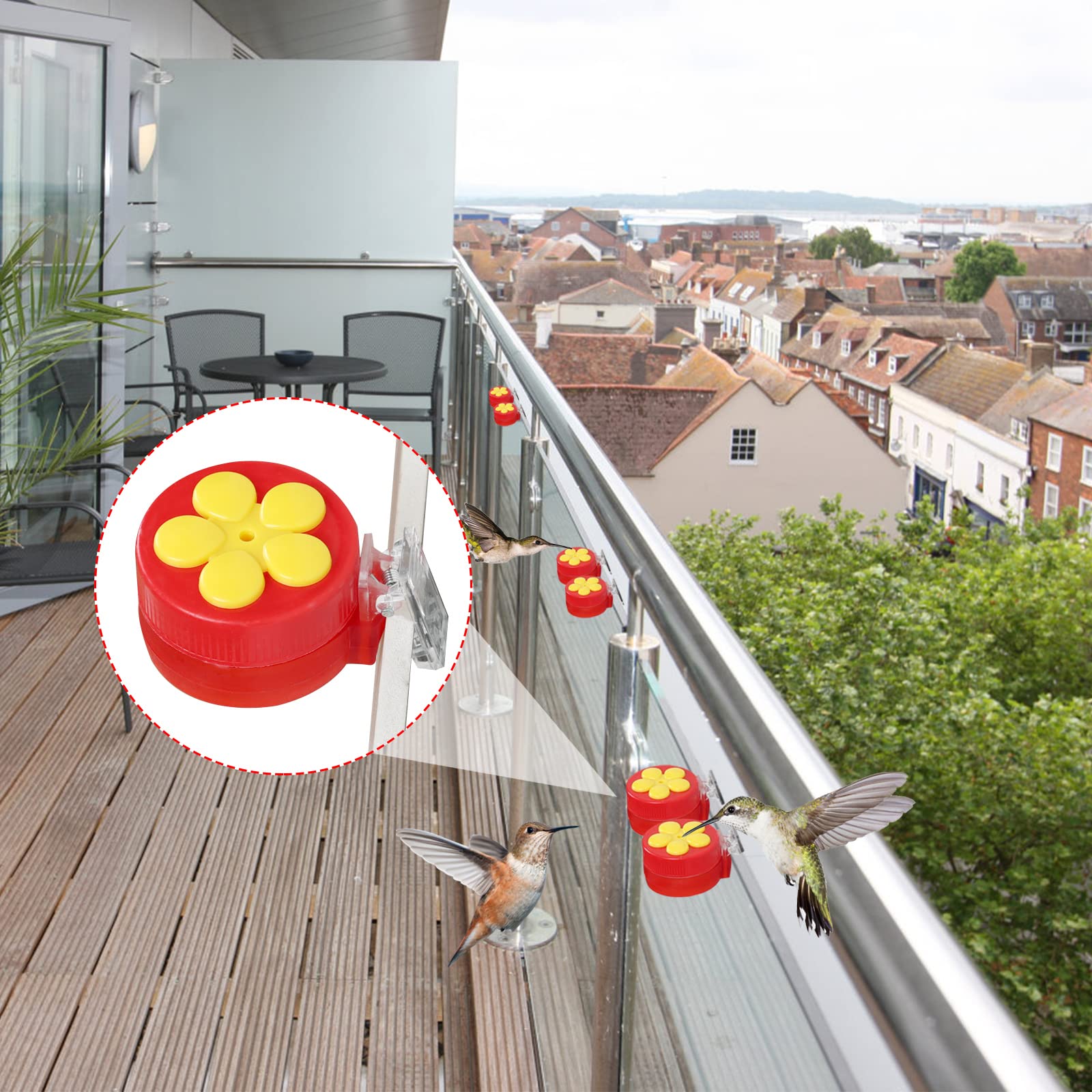 PiiSheou feeder mounted on balcony railing attracts hummingbirds efficiently.