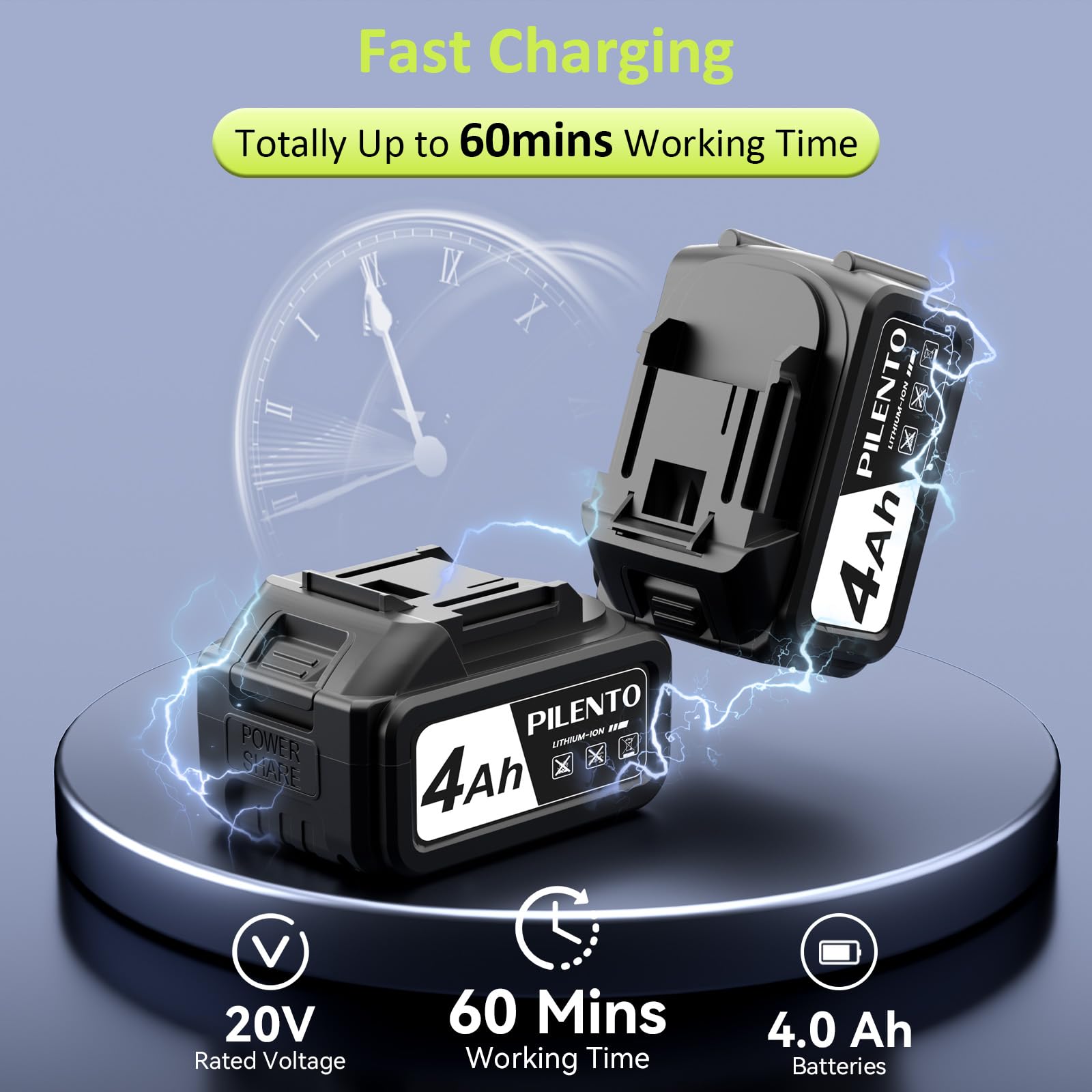 PILENTO two 4.0Ah batteries showcase extended runtime for large jobs