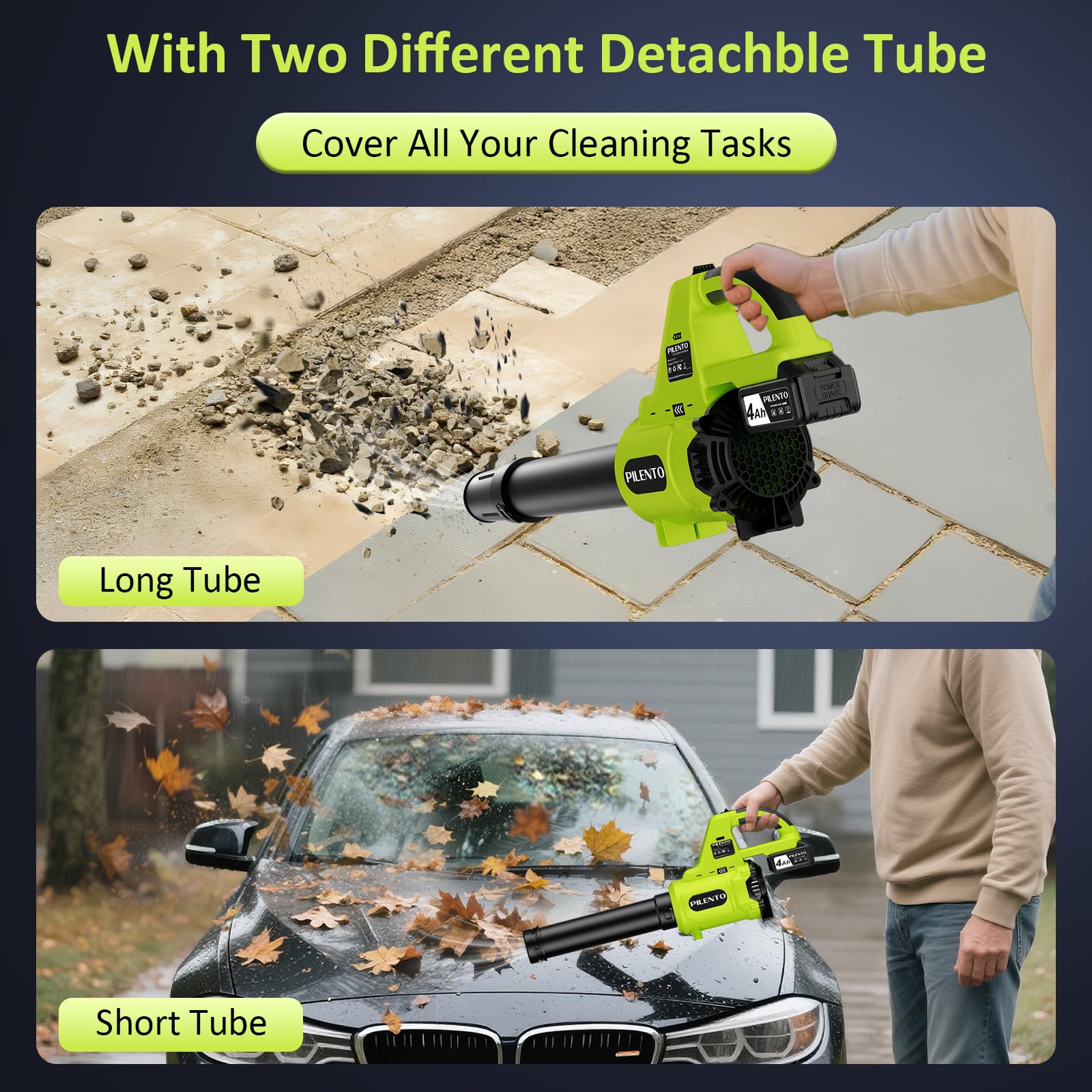 PILENTO leaf blower in use moving leaves smoothly across a driveway