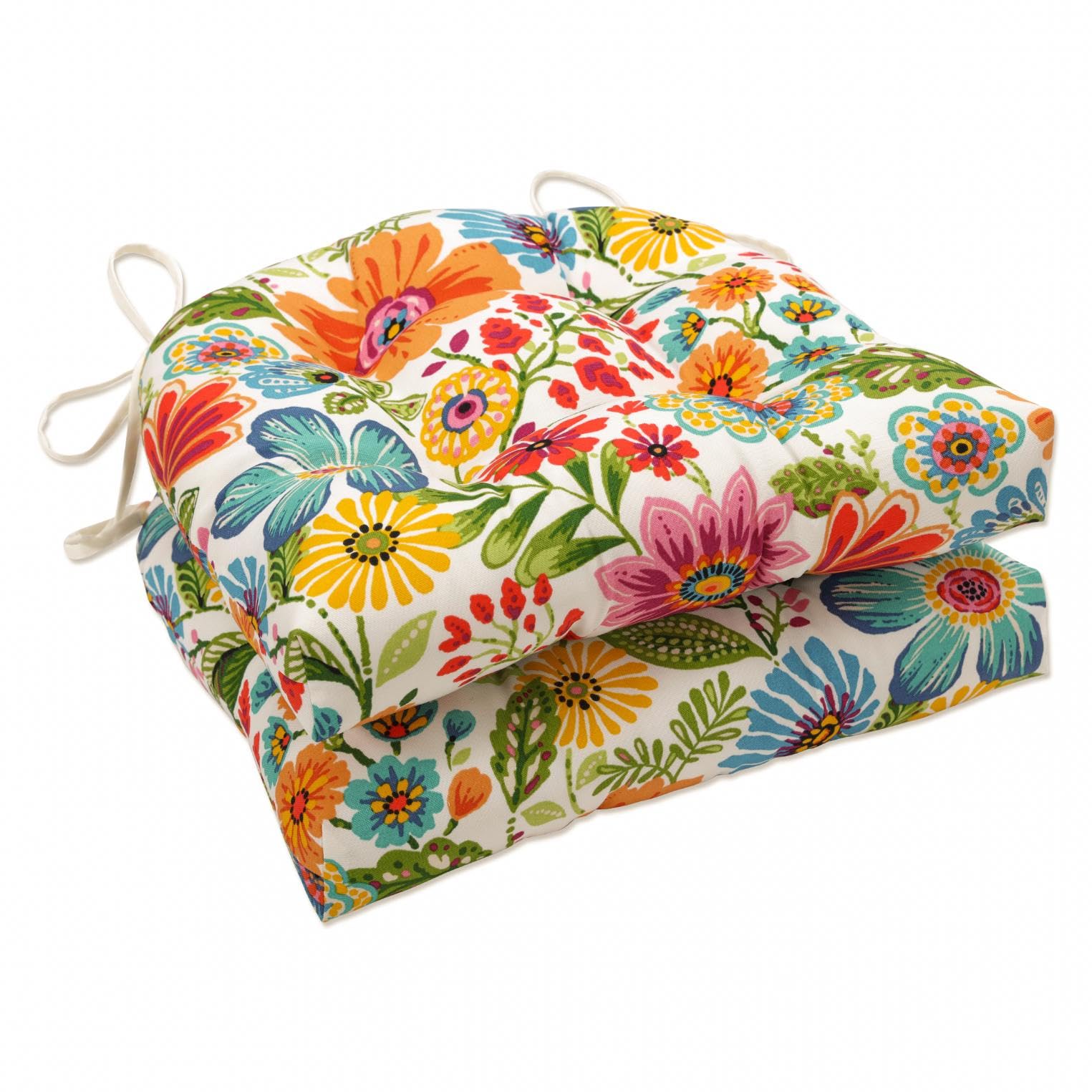 Pillow Perfect Gregoire chair pad close-up; vibrant blue and purple florals for patio decor.