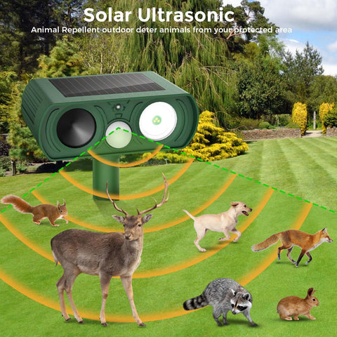 Solar panel charging the device for outdoor deterrence without battery replacement
