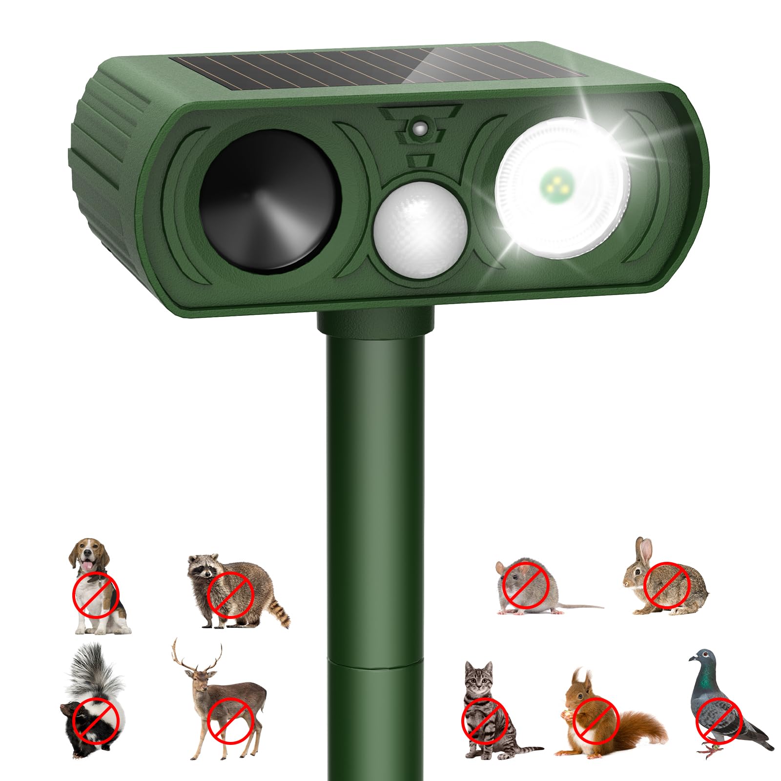 PIMAG solar ultrasonic animal repellent front view deterring wildlife in the yard