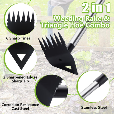 PIMEKOY dual-head weed remover demonstrates rake and hoe versatility for hard-to-reach weeds
