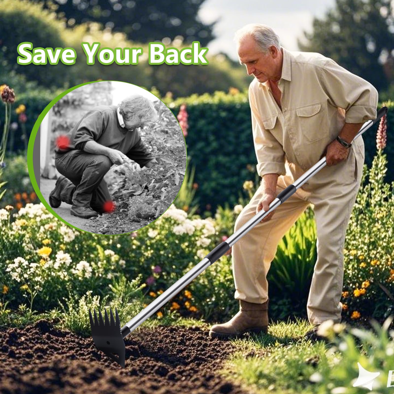 PIMEKOY long handle in garden task reducing bending and strain