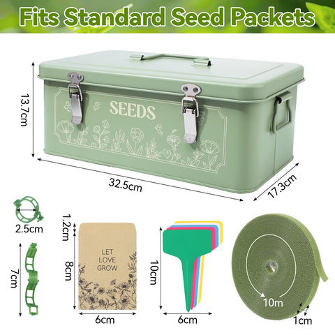 Pimoys metal seed bank provides a durable storage solution for gardening supplies.