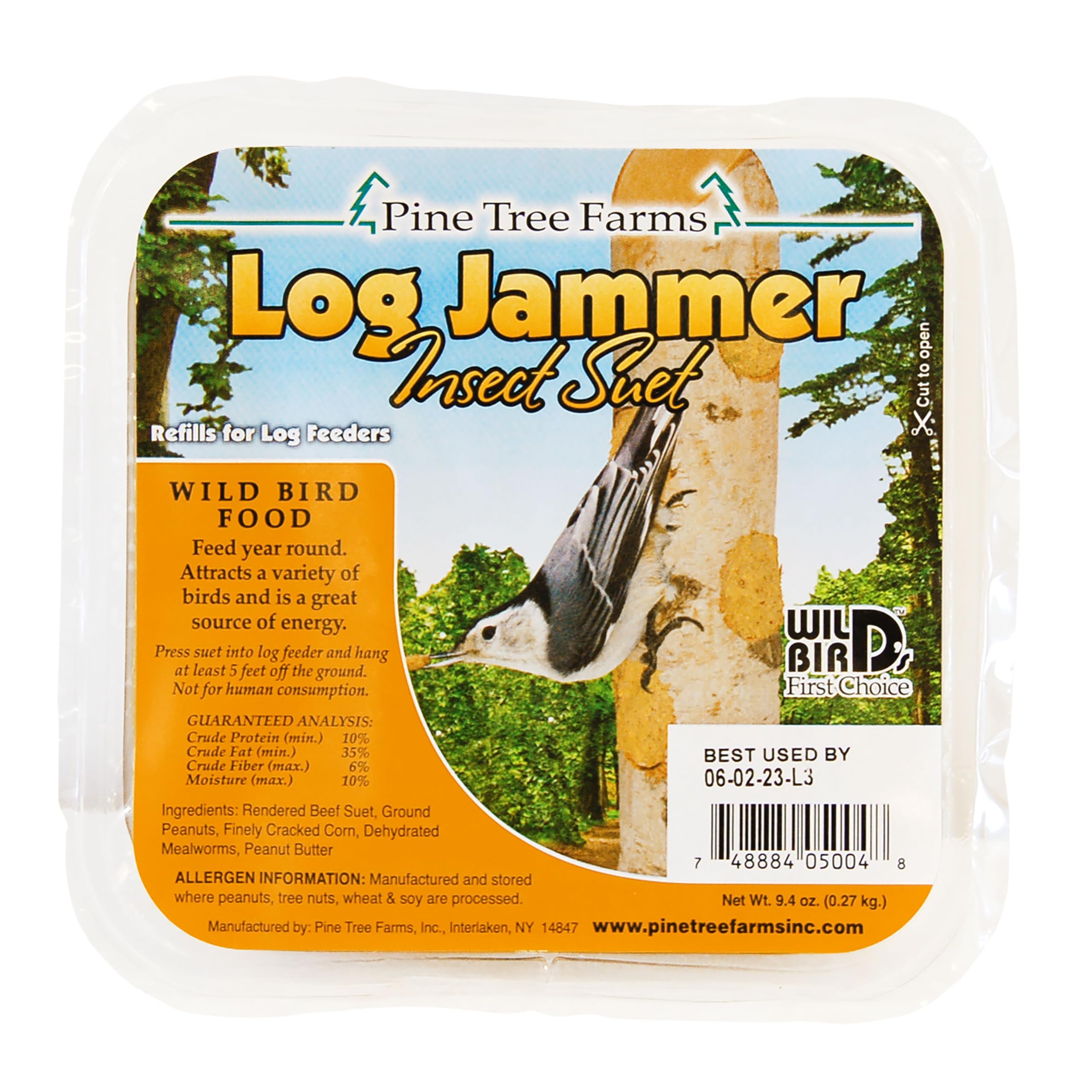 Birds like woodpeckers and chickadees shown feeding on logs.