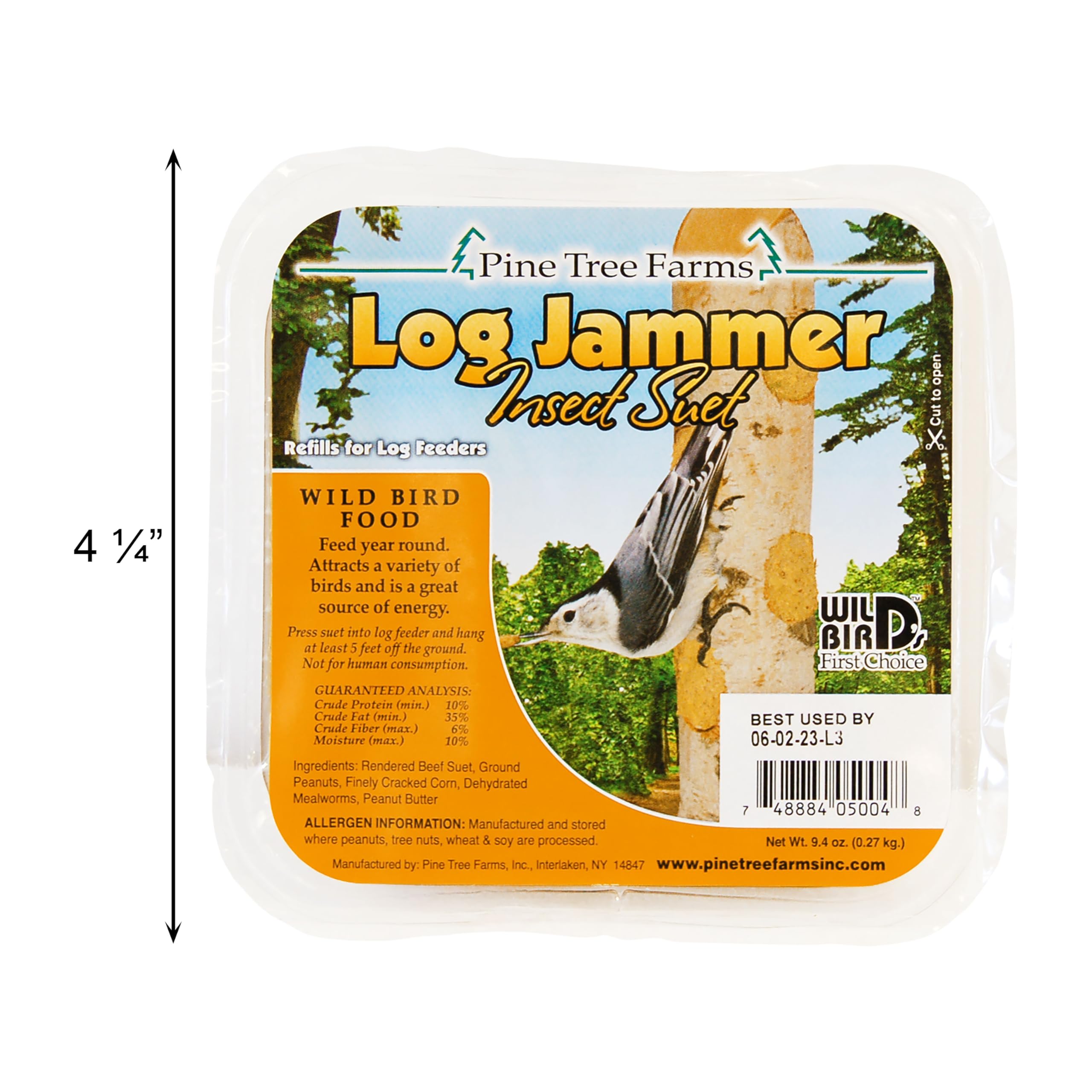 Ingredients highlight beef suet, peanuts, corn, peanut butter, and mealworms.