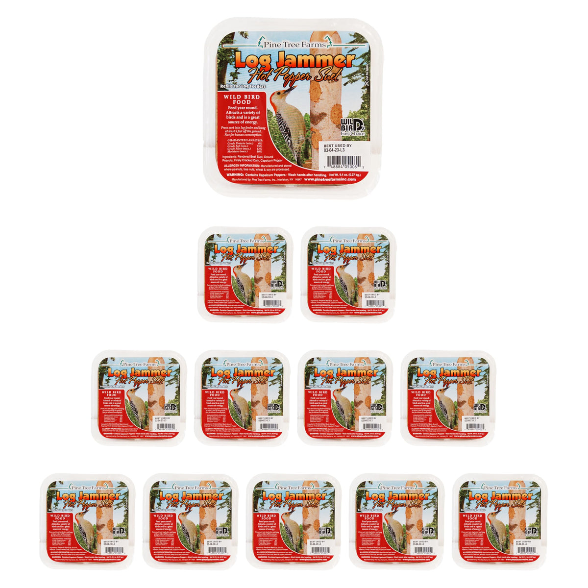 Pine Tree Farms Log Jammer suet plug front view, feeder-ready design for year-round bird feeding.