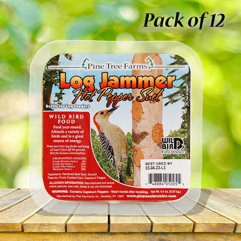Pine Tree Farms Log Jammer suet plug packaging showing 3-plug packs for bulk feeding.