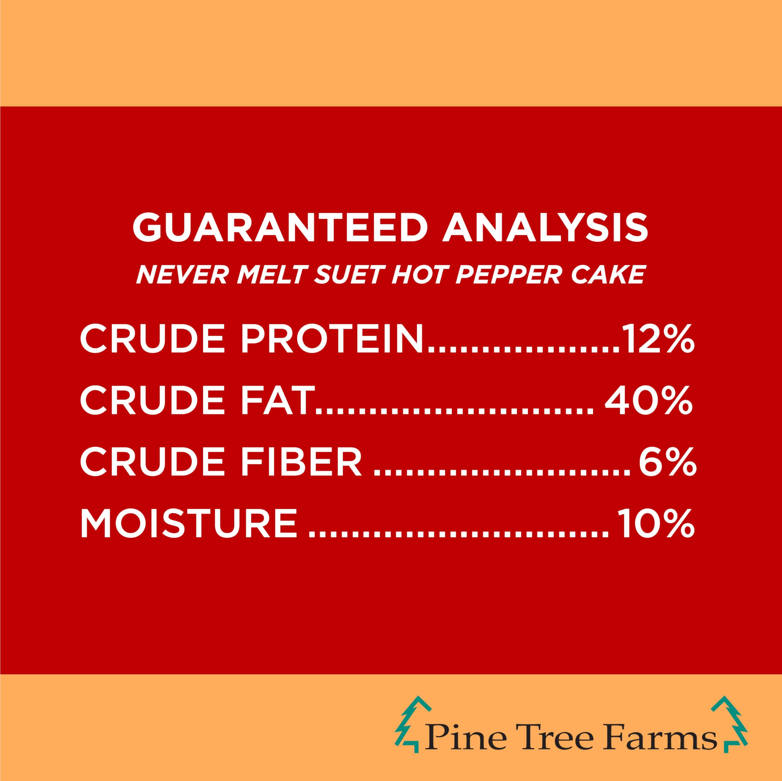 Product photo shows Pine Tree Farms Never Melt Suet Cake resisting heat and crumbling