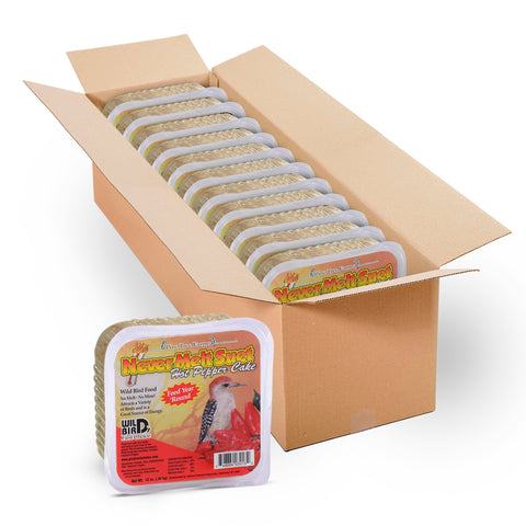 Pine Tree Farms Never Melt Suet Cake packaging highlights year-round feeding
