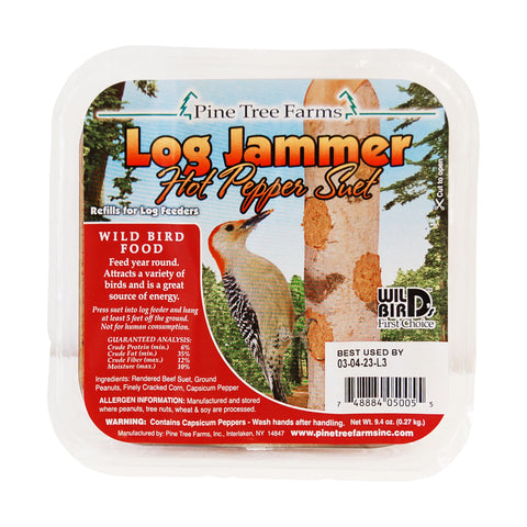 Pine Tree Farms suet plug closeup highlights ingredients and cylindrical shape for quick loading.