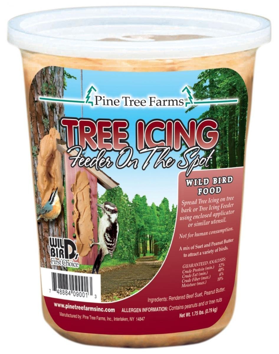 Pine Tree Farms Tree Icing Suet Spread on feeder tray, great for attracting backyard birds.