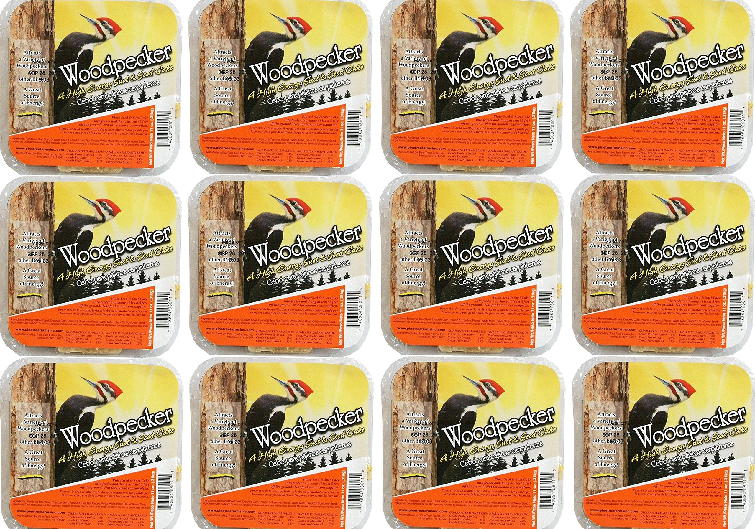Pine Tree Farms Woodpecker High Energy Suet cake pack showing 12 individually wrapped cakes for multi-feeder setup.