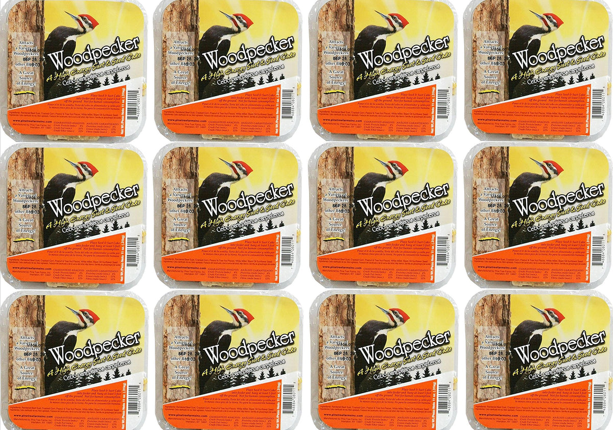Pine Tree Farms Woodpecker High Energy Suet cake unwrapped, ideal for year-round backyard feeding.