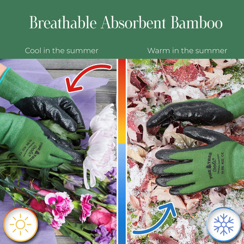 Pine Tree Tools Bamboo Garden Gloves second-skin fit enabling tactile tool handling.