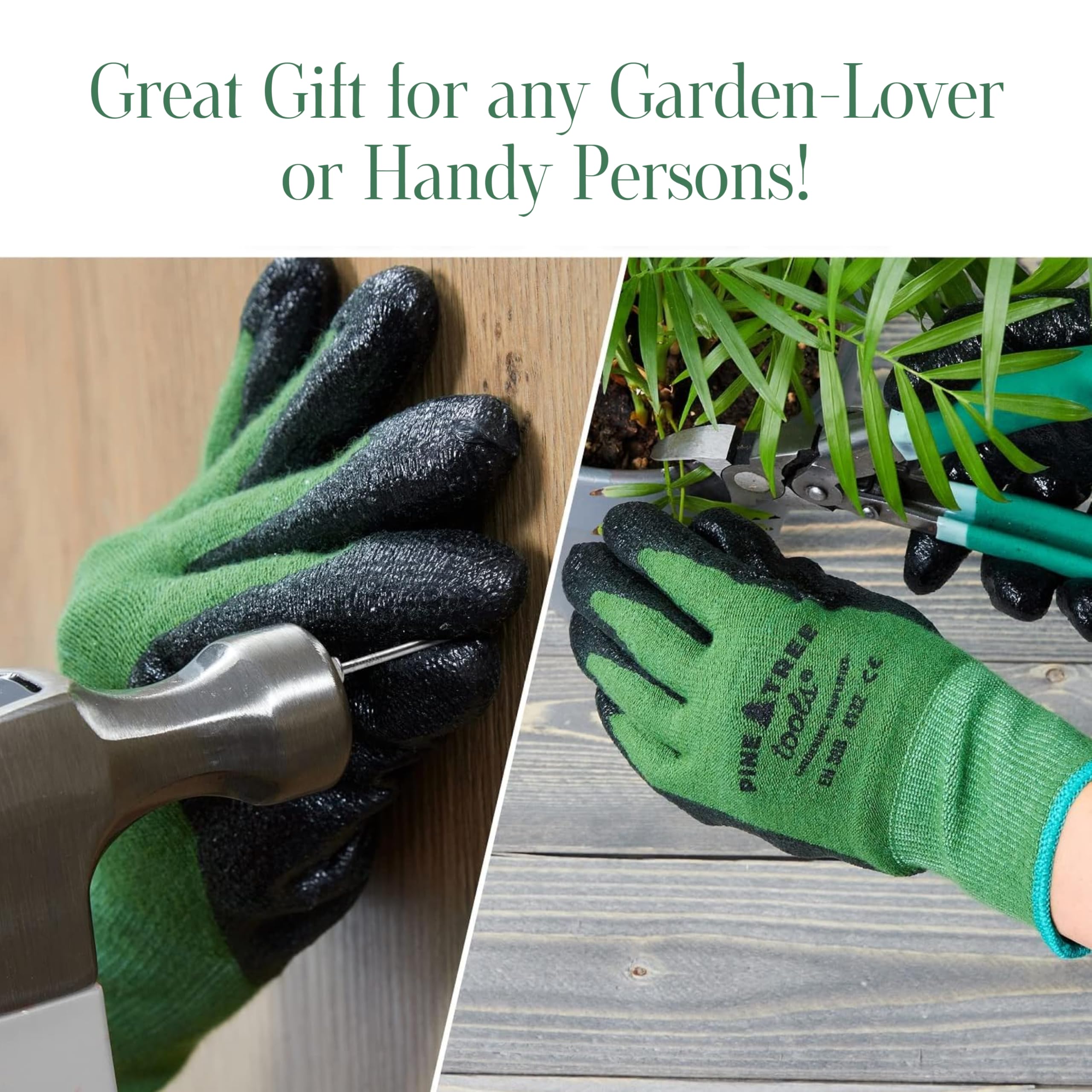 Pine Tree Tools Bamboo Garden Gloves sizing tip for best fit in outdoor tasks.