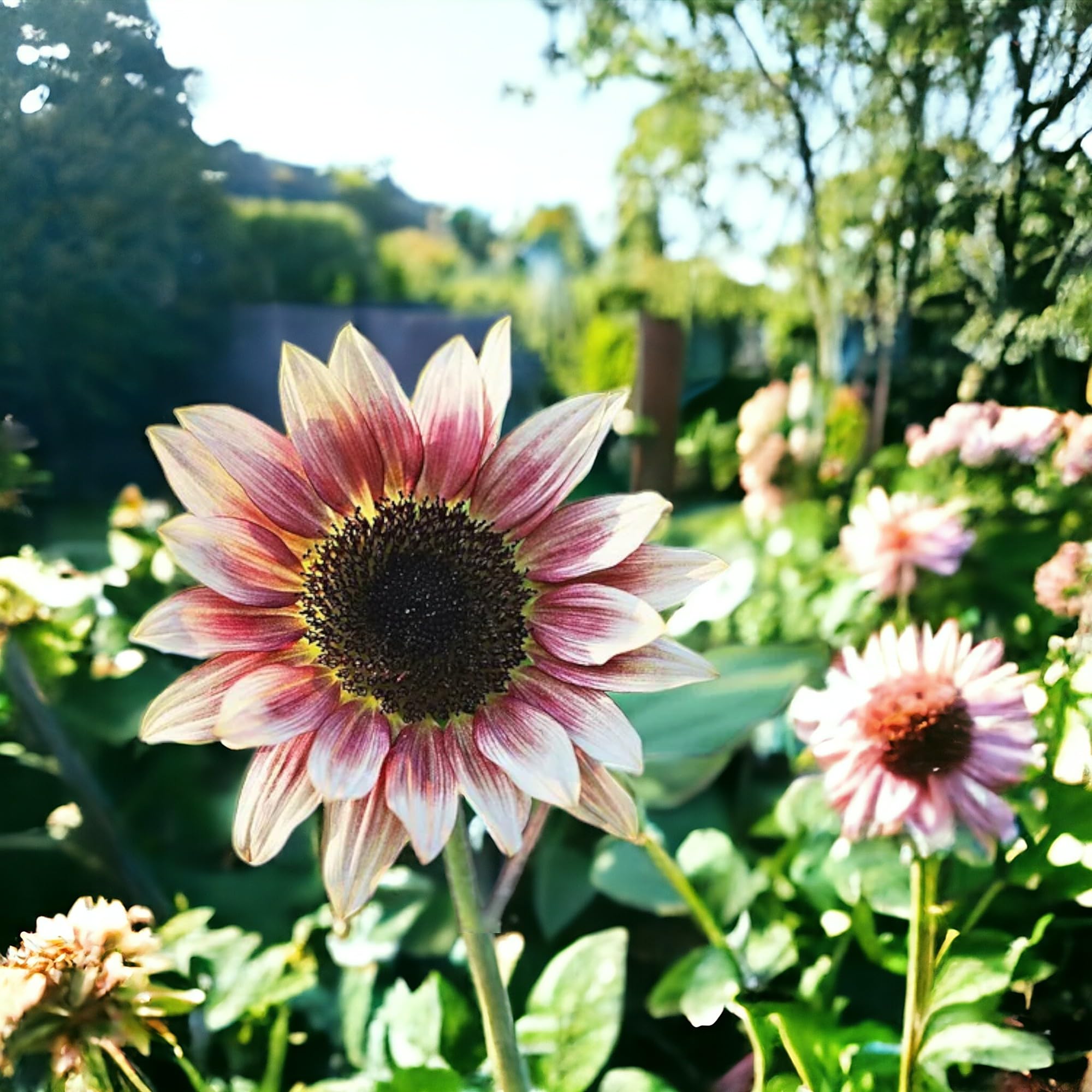 Pink sunflower border in a sunny garden boosts color and height.