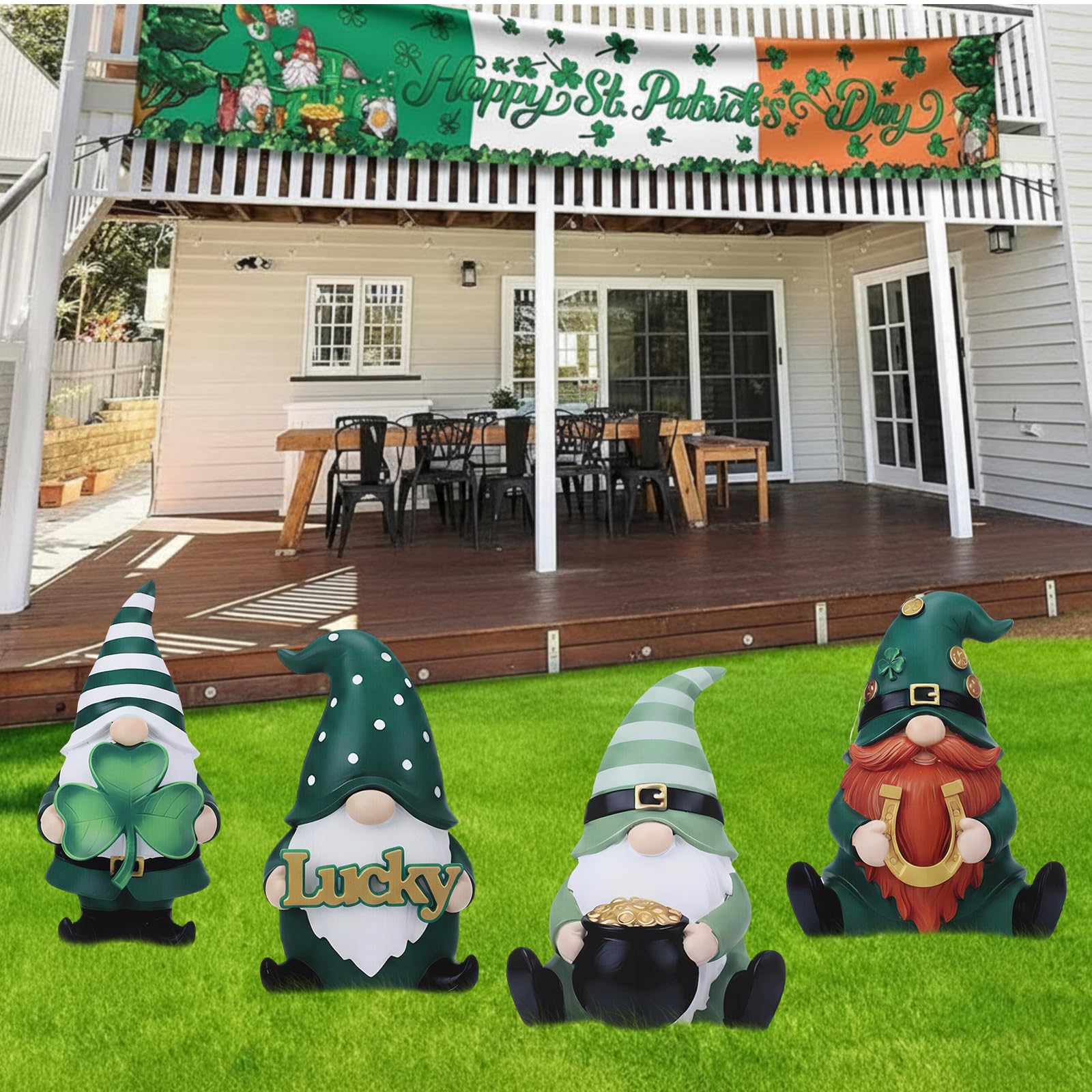 Pinkunn gnome with shamrock glow for night-time yard display.