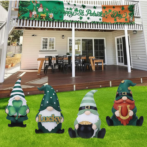 Pinkunn gnome with shamrock glow for night-time yard display.