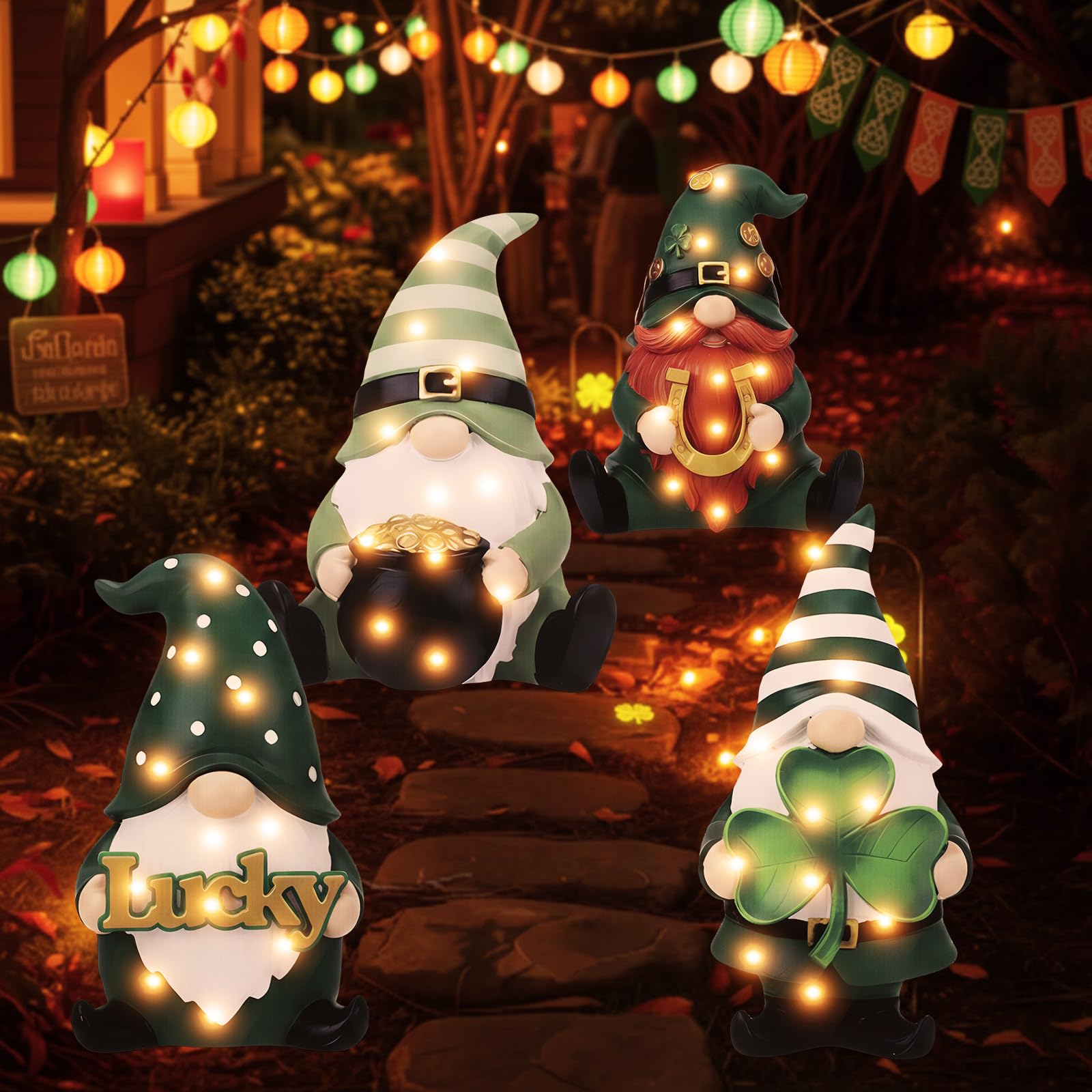 Pinkunn four-pack St Patrick's Day gnome yard signs with stakes and lights for outdoor decor.