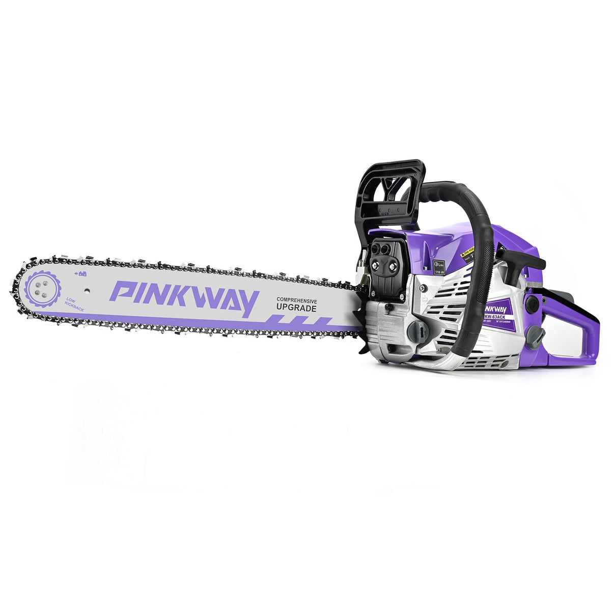 Pinkway 63cc chainsaw during assembly shows quick setup for fast use.