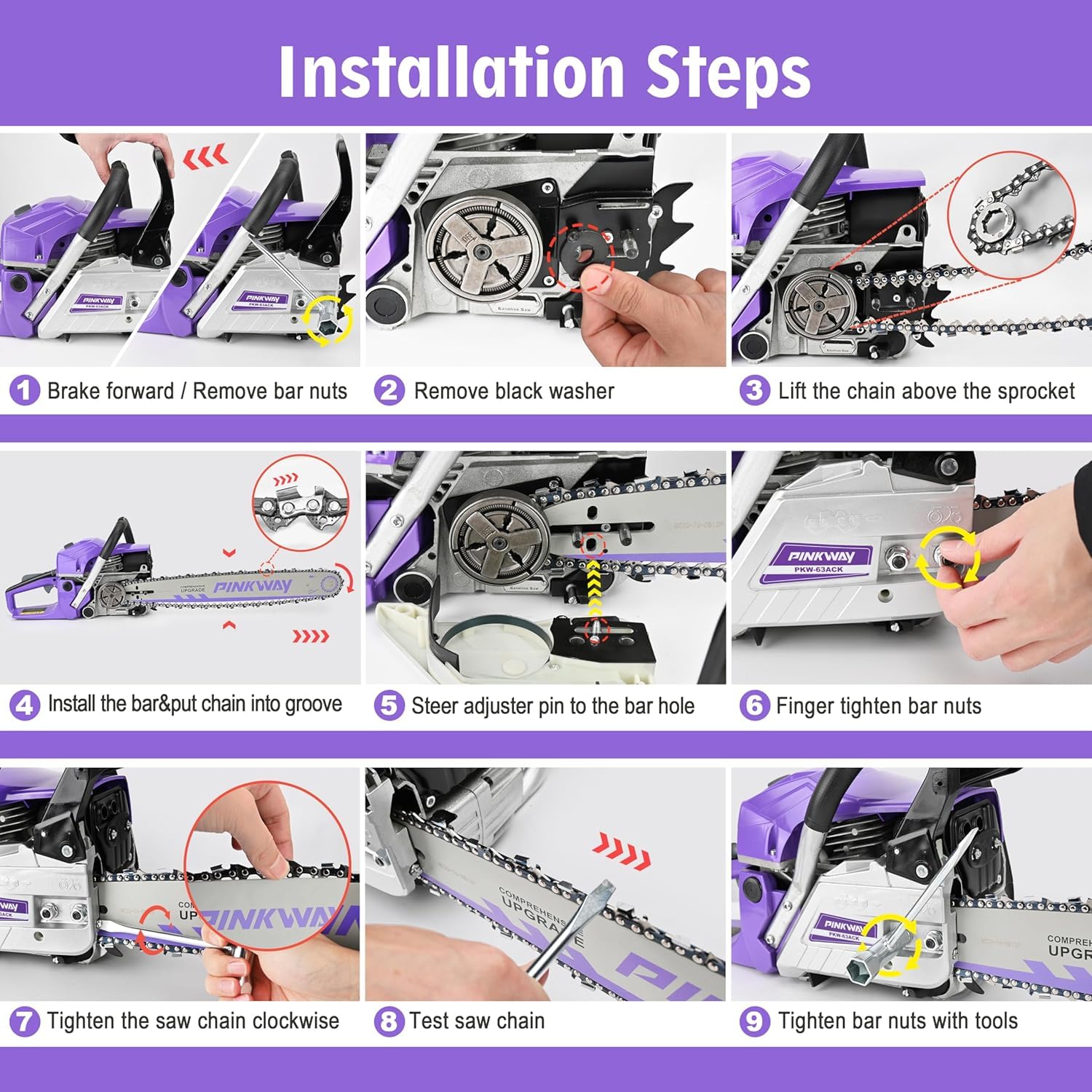 Pinkway 63cc chainsaw bar and chain demonstrates robust 20-inch setup for heavy tasks.