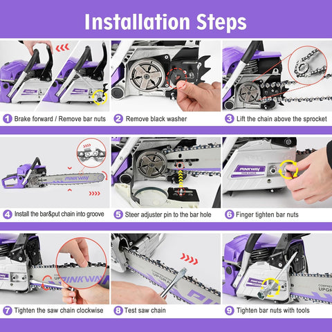 Pinkway 63cc chainsaw bar and chain demonstrates robust 20-inch setup for heavy tasks.