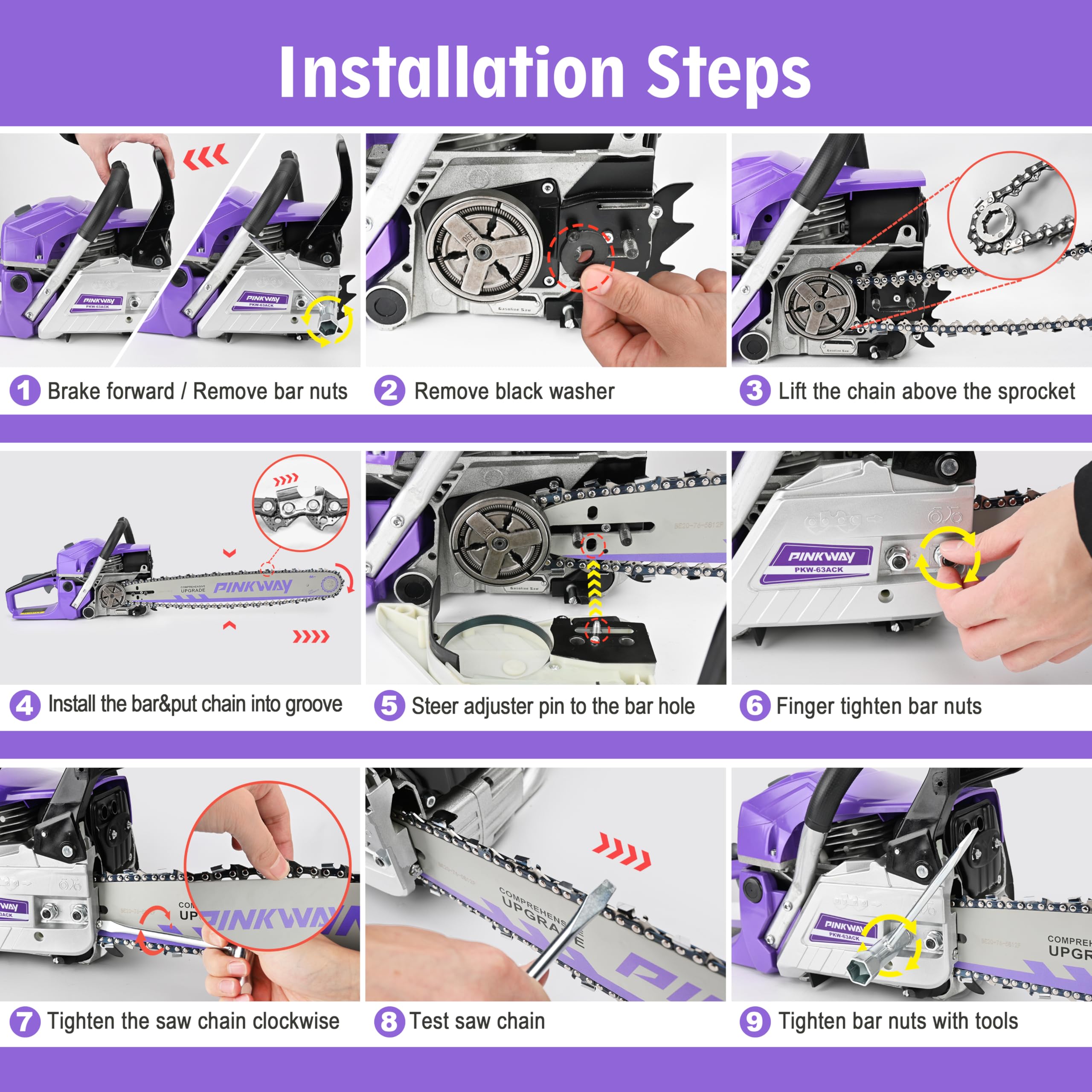 Pinkway 63cc chainsaw cutting wood in outdoor work with stable power.
