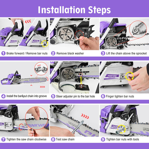 Pinkway 63cc chainsaw cutting wood in outdoor work with stable power.