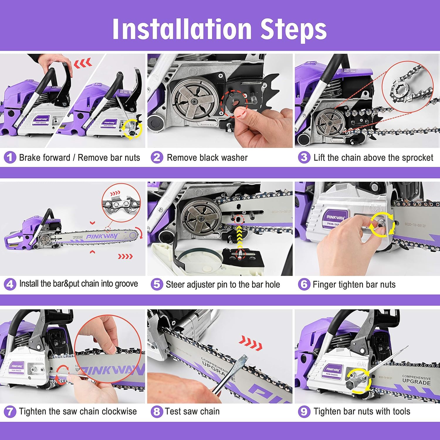 Pinkway 63cc chainsaw ergonomic handle for comfortable extended use.