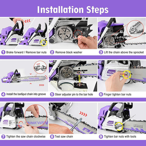 Pinkway 63cc chainsaw ergonomic handle for comfortable extended use.