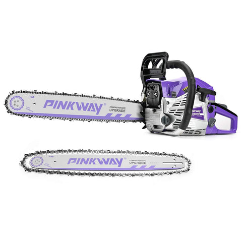Pinkway 63cc chainsaw front view showing compact power for quick wood cuts.