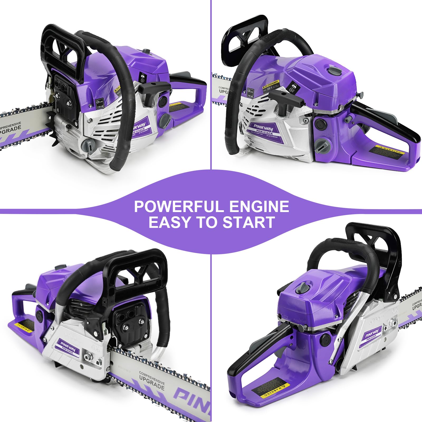 Pinkway 63cc chainsaw automatic oil system extends bar life and reduces maintenance.