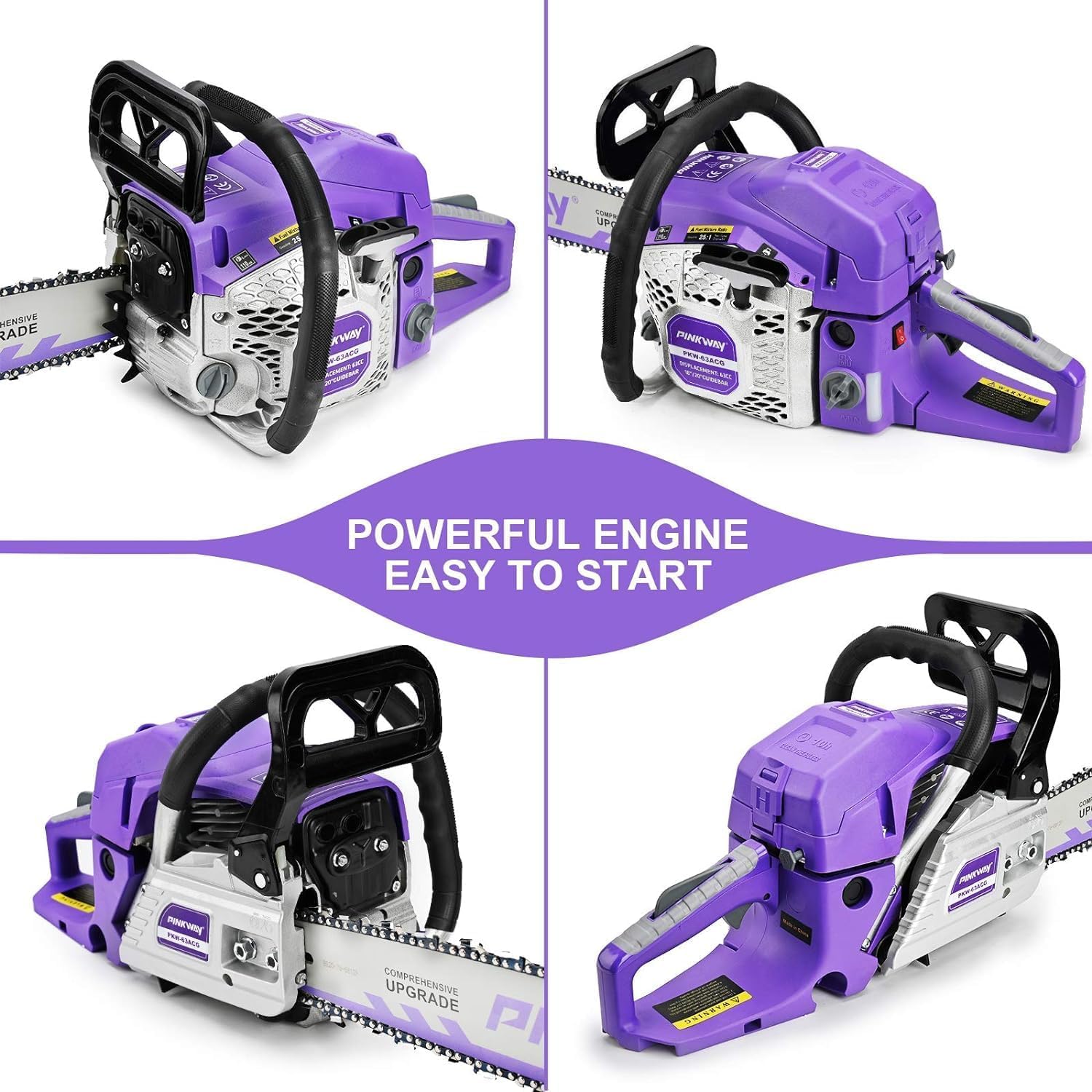 Pinkway 63cc chainsaw side view highlighting durable body and quickstart features.