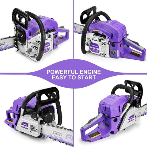 Pinkway 63cc chainsaw side view highlighting durable body and quickstart features.